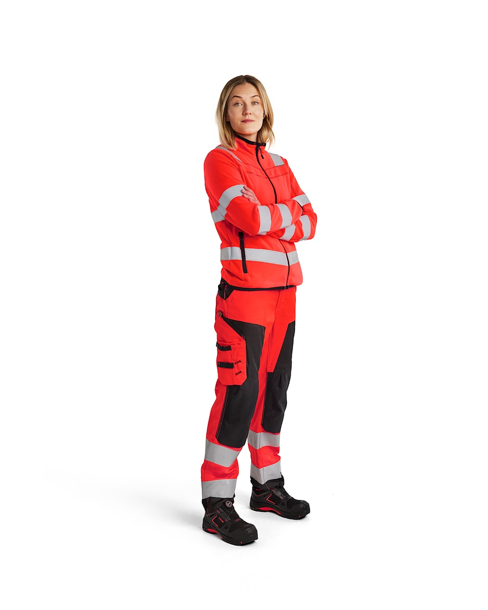 Blaklader Women's Hi-Vis Trousers without Nail Pockets 7155 #colour_red-hi-vis-black