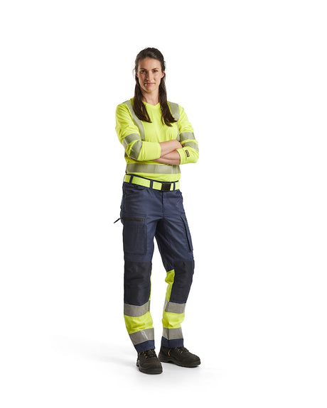 Blaklader Women's Hi-Vis Trousers with Stretch 7161 #colour_navy-blue-hi-vis-yellow