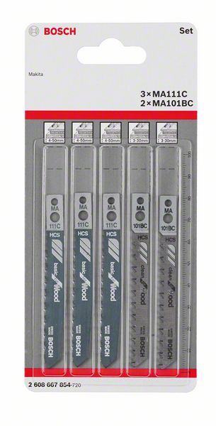 Bosch Professional 5-Piece Jigsaw Blade Set for Wood - MA 111 C (3x) and MA 101 BC (2x)