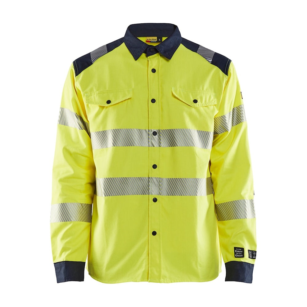 Blaklader Multinorm Shirt 3239 #colour_hi-vis-yellow-navy-blue