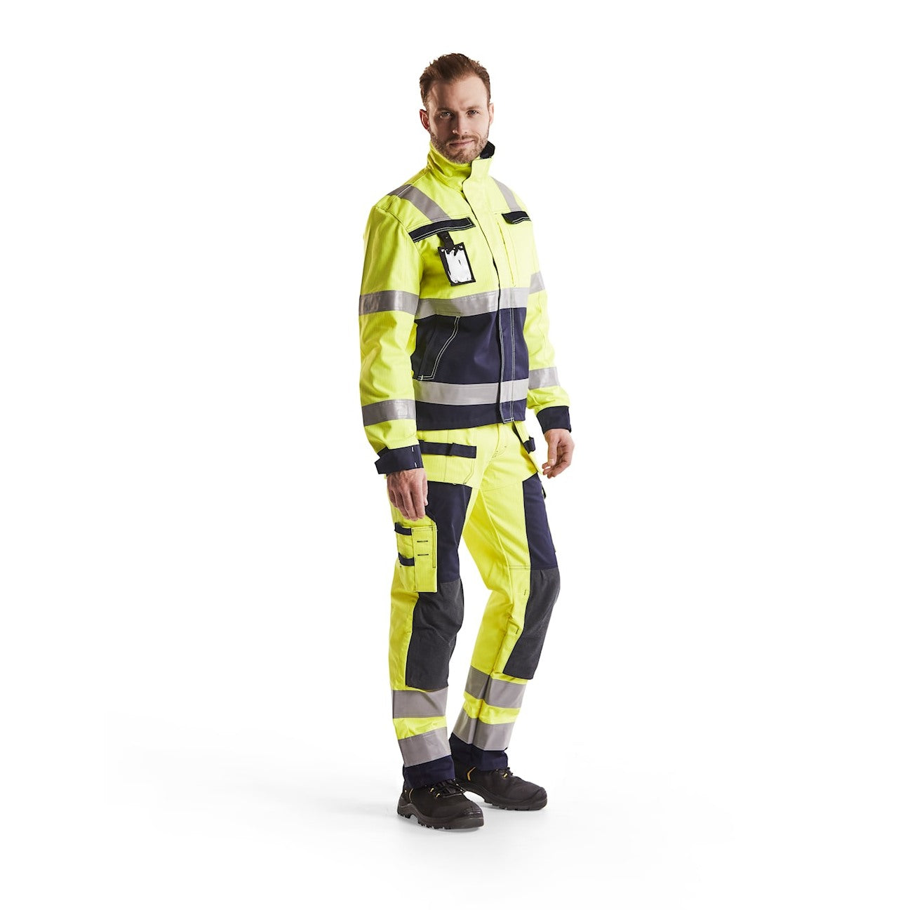 Blaklader Multinorm Craftsman Trousers 1579 #colour_hi-vis-yellow-navy-blue
