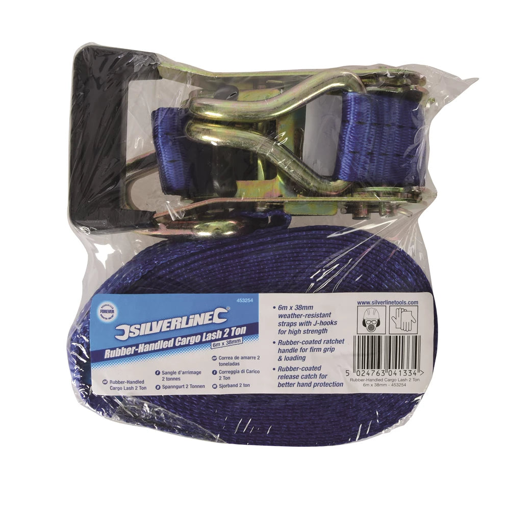 Silverline Rubber-Handled Ratchet Tie Down Strap J-Hook 6m x 38mm - Rated 750kg/Capacity 1500kg