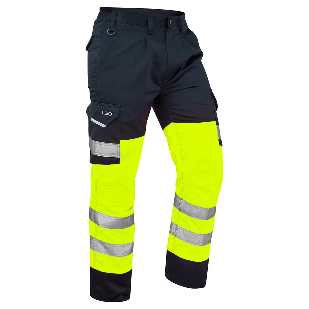 Leo Workwear BIDEFORD Leo EcoViz Poly/Cotton Cargo Trouser - Hi-Vis Yellow/Navy