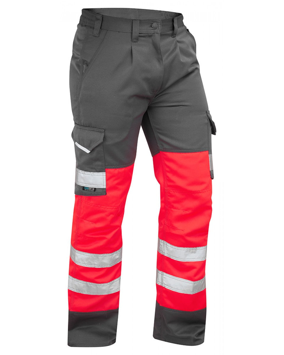 Leo Workwear BIDEFORD Leo EcoViz Poly/Cotton Cargo Trouser - Hi-Vis Red/Grey