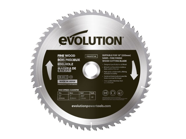 Evolution Fine Wood Mitre/Table Saw Blade 255 x 25.4mm x 60T