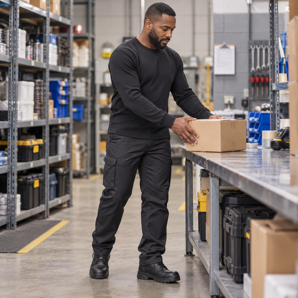 Warehouse worker in an Espro black sweatshirt packing a box at a workbench