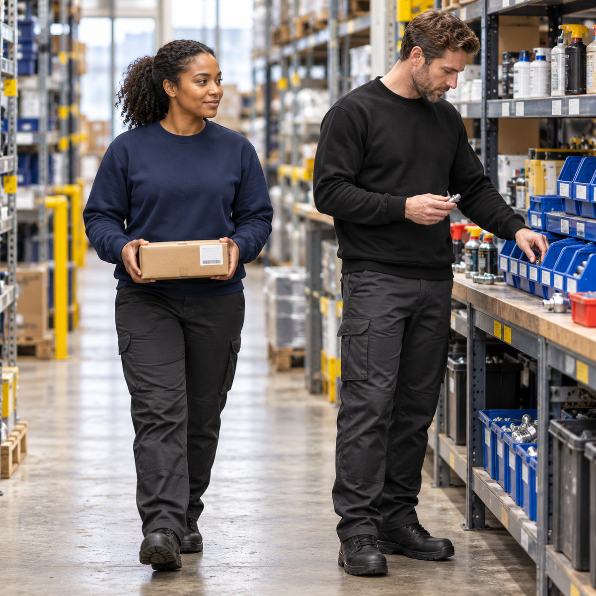 Two warehouse workers in Espro navy and black sweatshirts among stock shelving