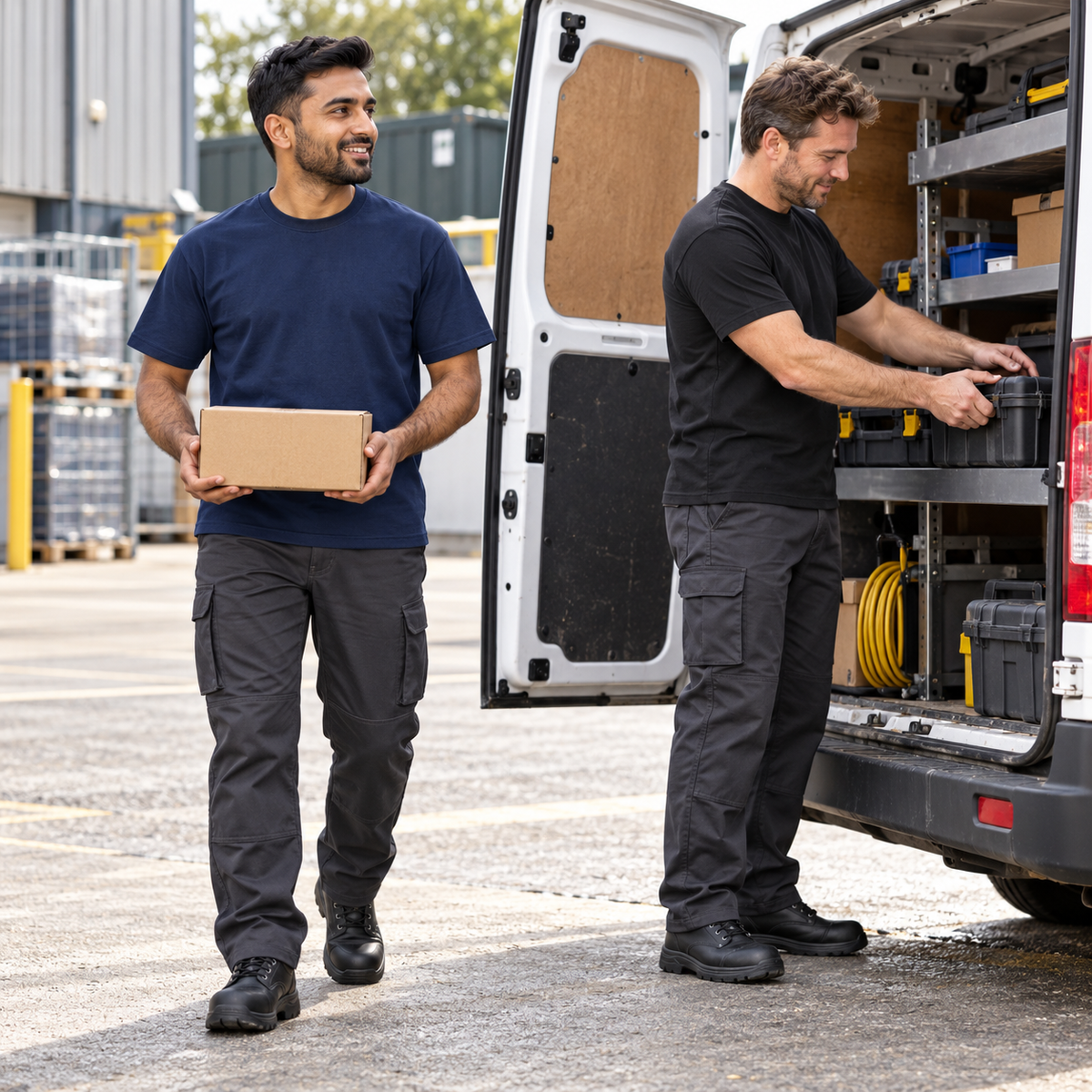 Two workers at a van wearing Espro navy and black cotton T-shirts, one carrying a parcel