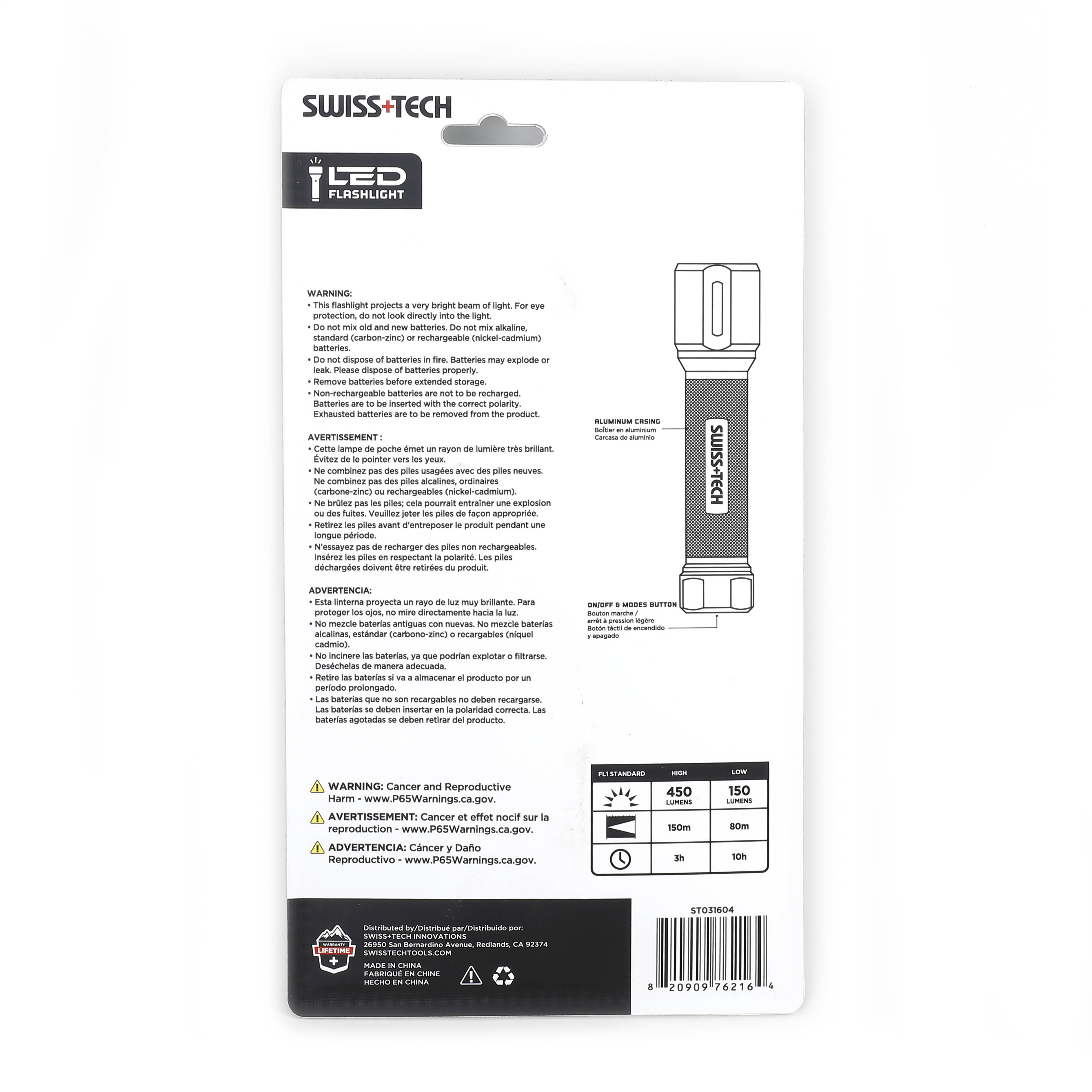 Scruffs Swiss-Tech Dual Power Rechargeable LED Flashlight - 400 Lumens - 3 x AAA or 18650 Battery
