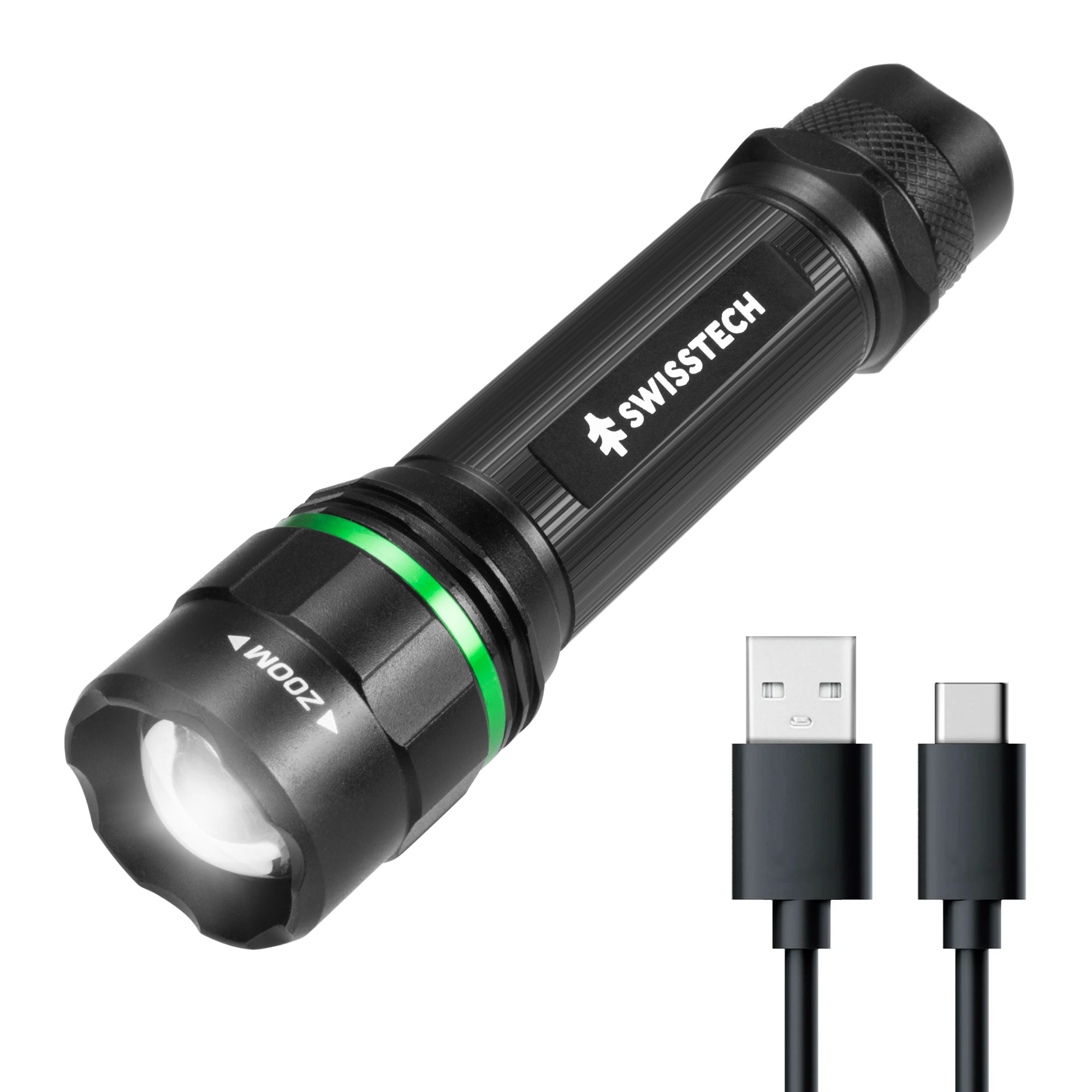 Scruffs Swiss-Tech Rechargeable LED Flashlight - USB Rechargeable Torch - 18650 & 3 x AAA Compatible