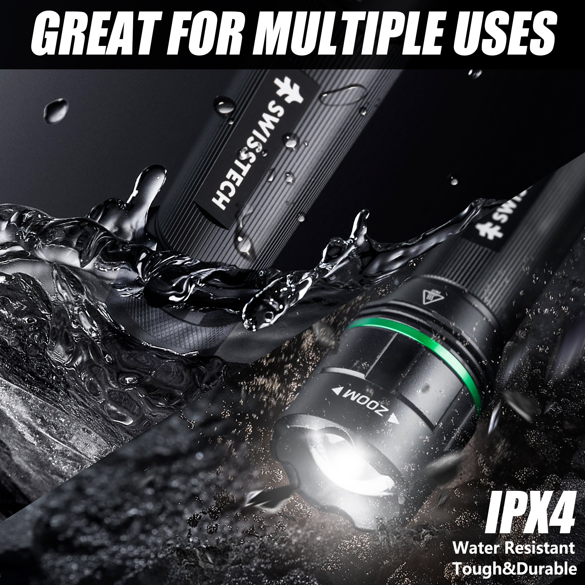 Scruffs Swiss-Tech Rechargeable Focus LED Flashlight - USB Rechargeable Zoom Torch - 18650 & 3 x AAA Compatible