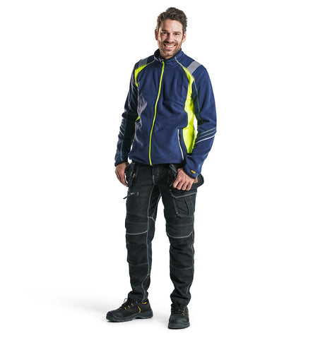 Blaklader Microfleece Jacket 4993 #colour_navy-blue-hi-vis-yellow