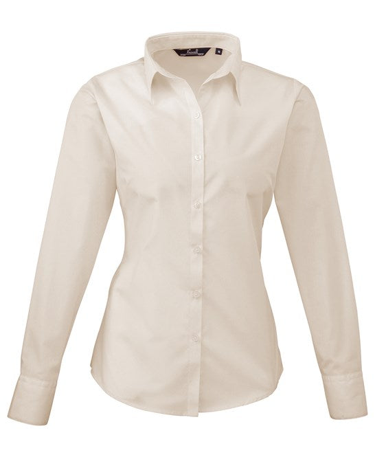 Premier Women's Poplin Long Sleeve Blouse - Natural