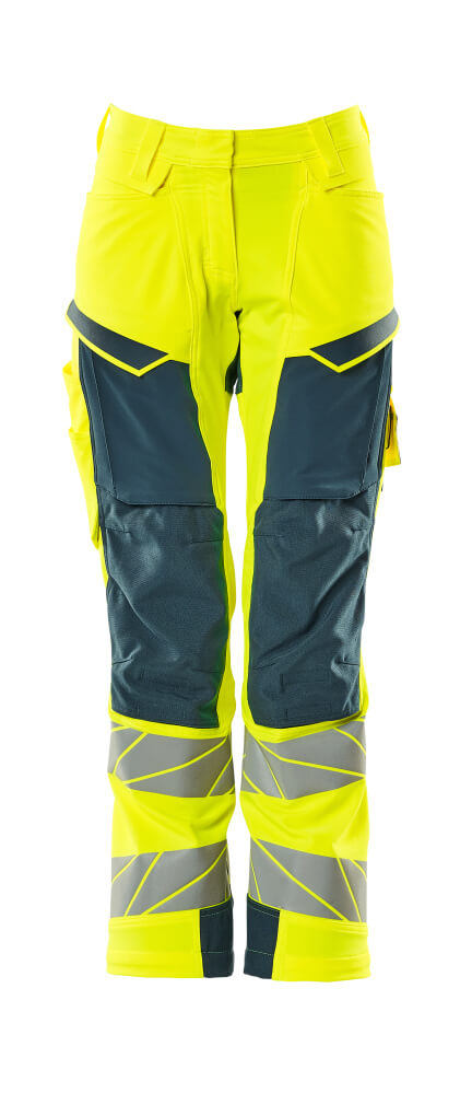 Mascot Accelerate Safe Ladies Diamond Fit Trousers with Kneepad Pockets - Hi-Vis Yellow/Petrol #colour_hi-vis-yellow-petrol