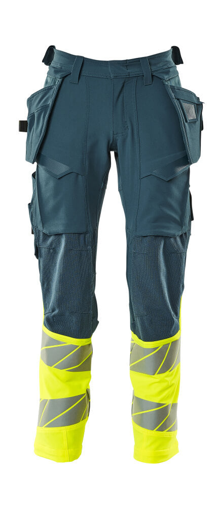 Mascot Accelerate Safe Trousers with Holster Pockets - Dark Petroleum/Hi-Vis Yellow #colour_dark-petroleum-hi-vis-yellow