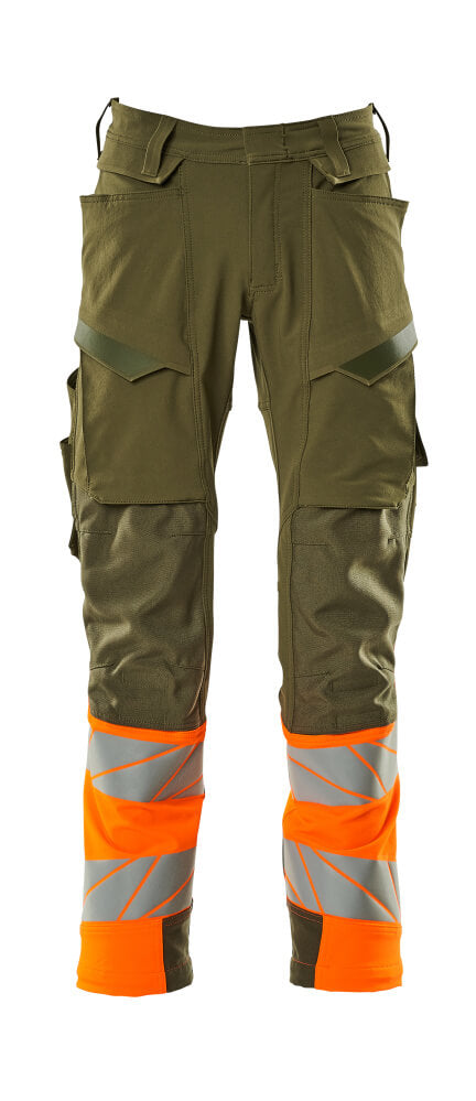 Mascot Accelerate Safe Trousers with Kneepad Pockets - Moss Green/Orange #colour_moss-green-orange