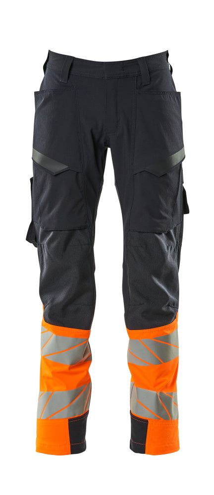 Mascot Accelerate Safe Ultimate Stretch Trousers with Thigh Pockets - Dark Navy/Hi-Vis Orange #colour_dark-navy-hi-vis-orange